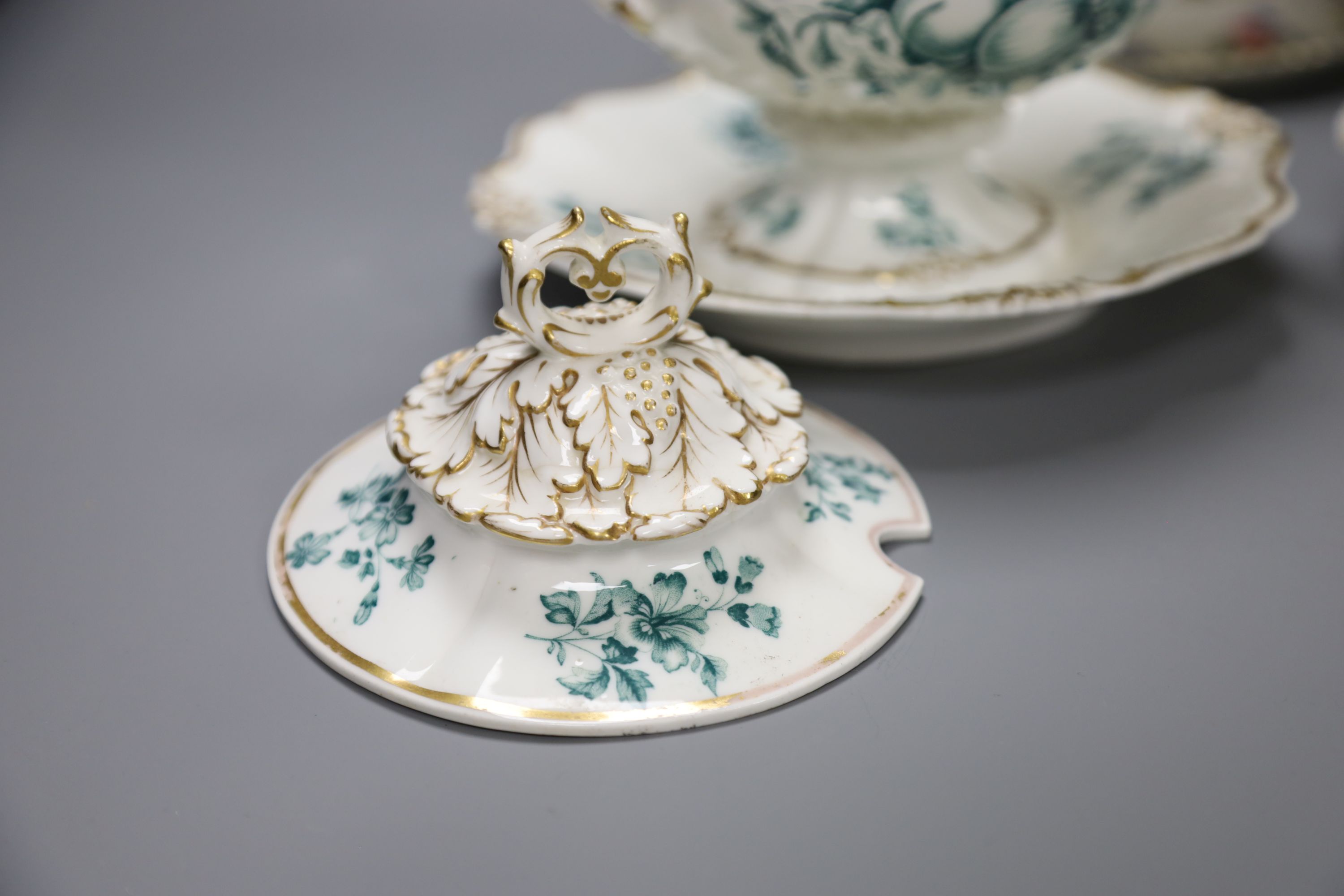 A pair of Ridgway porcelain tureens and integral stands and tureen cover and stand, height 18cm, a Royal Copenhagen figure and a Rosent